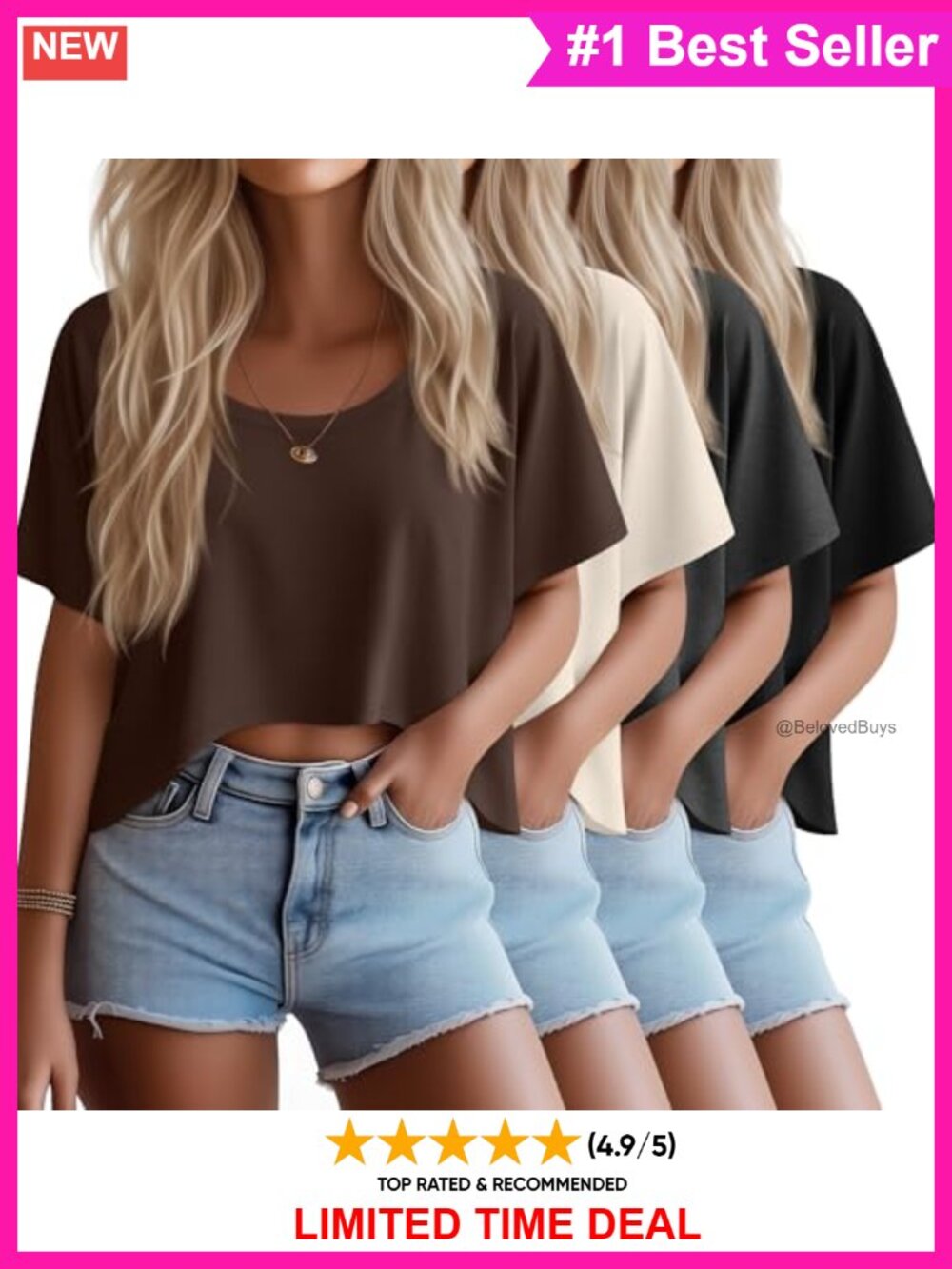 4 Pack Womens Cropped T-Shirts Cotton Blend Crew Neck Loose Fit Crop Tops